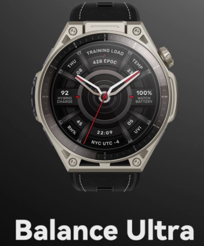 Amazfit Balance Ultra smartwatch with titanium case and AMOLED display