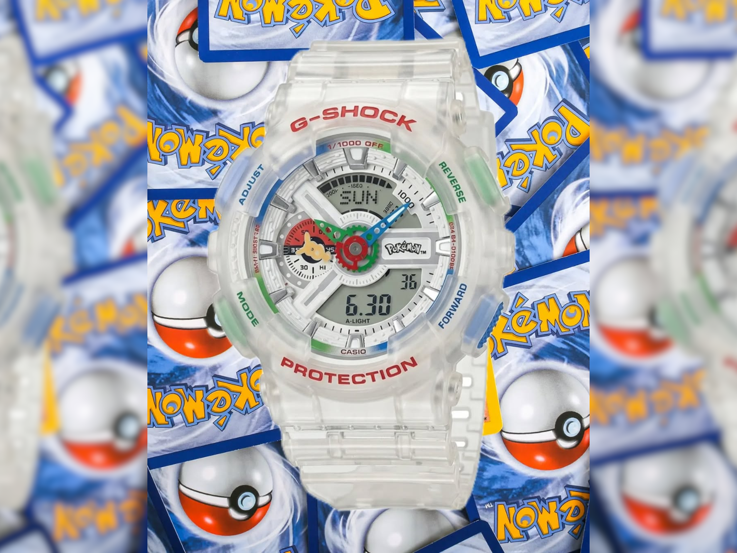 Leaked Casio G-Shock GA-110PKM-7A with translucent clear resin case and Pikachu-inspired design details