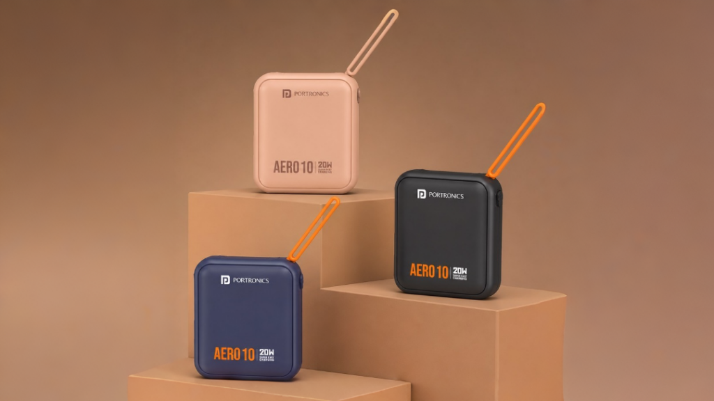 Portronics Aero 10 power bank design showing square shape and matte finish