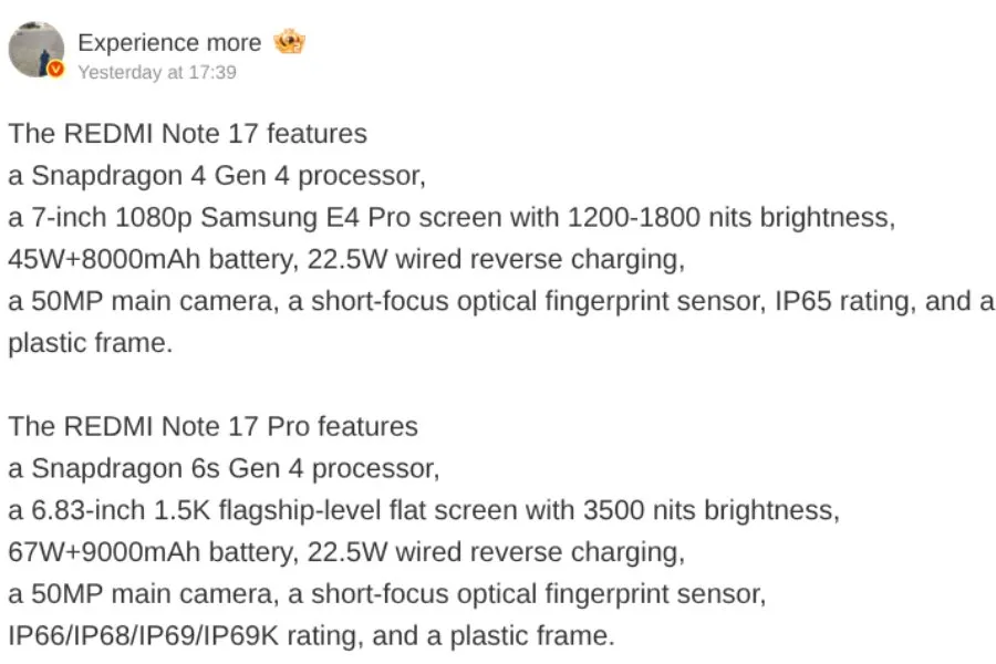 Bocoran spesifikasi Redmi Note 17 dan Redmi Note 17 Pro yang akan meluncur 14 Juli 2026